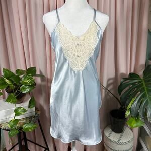 Kirsten Grey Vintage Baby Blue Satin Chemise Slip Dress Lace Small USA Made